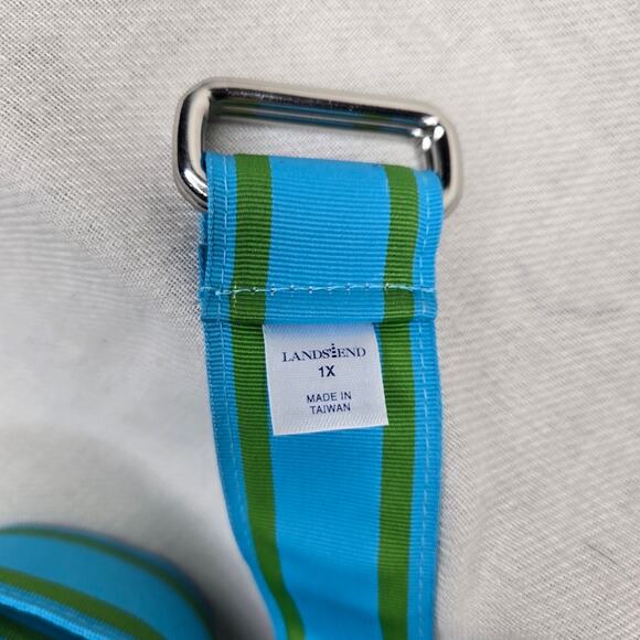 LANDS END Aqua Blue & Green Striped Grograin Ribbon Belt w/ Silver Rings Size XL - Picture 5 of 5